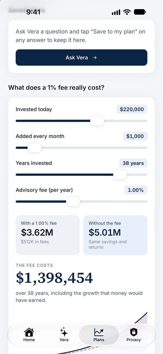 Vera's fee calculator: a 1% fee costs $1,398,454 over 38 years