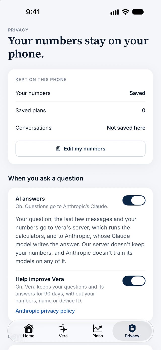 Vera's Privacy tab, with switches for AI answers and Help improve Vera